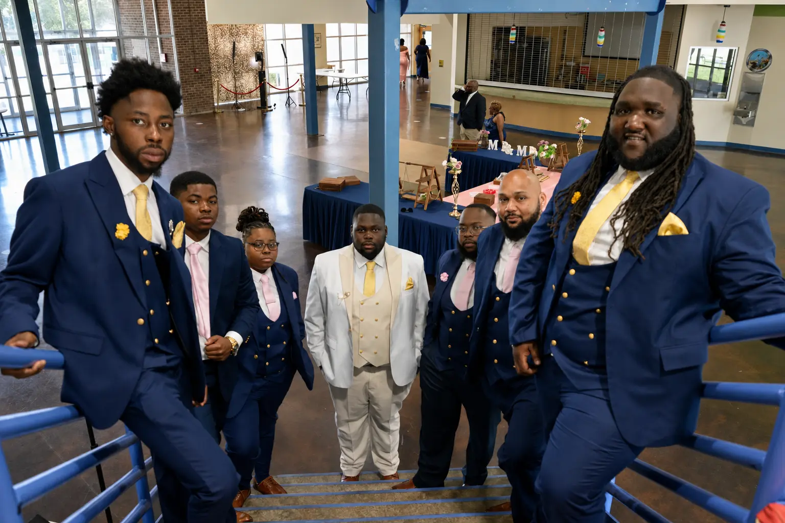 Groomsmen in navy and gold