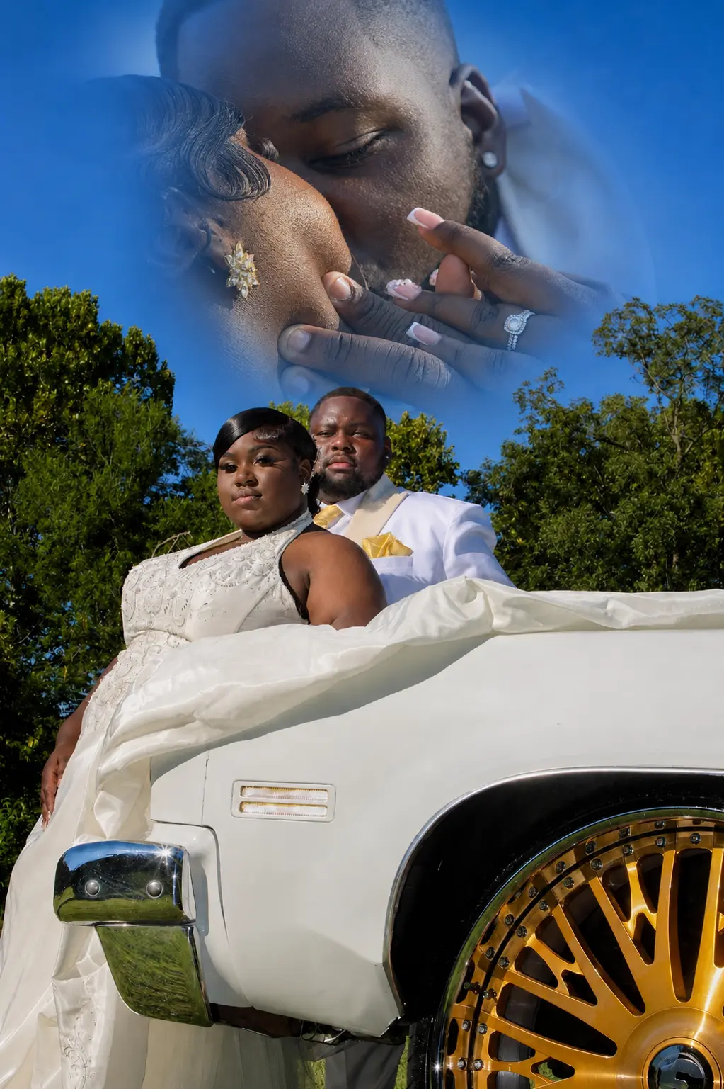 Double exposure couple portrait with car